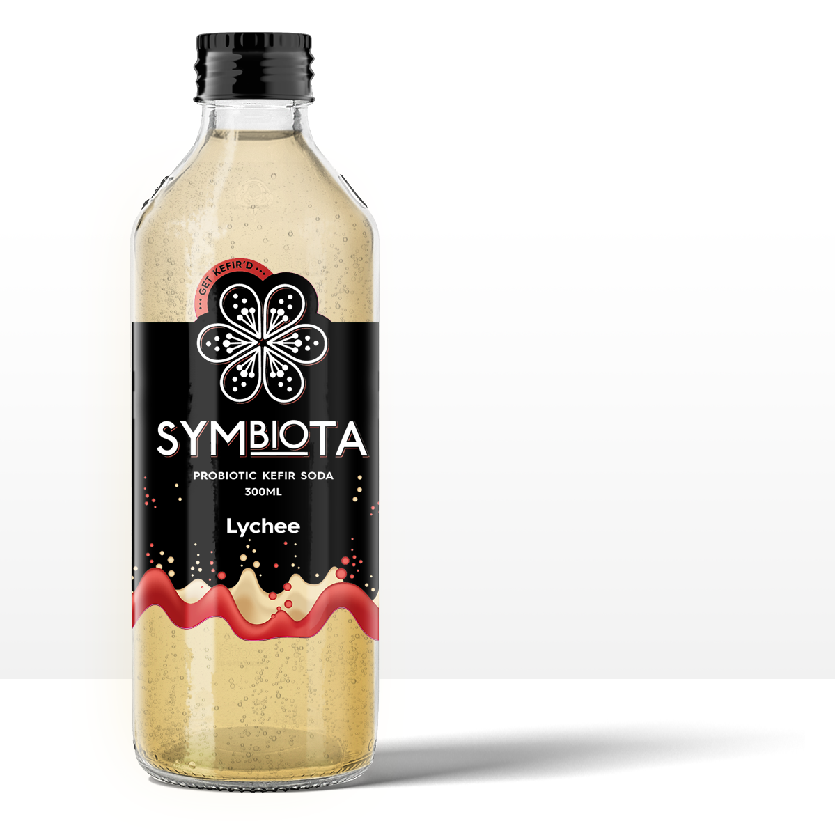 bottle of lychee probiotic kefir soda by symbiota