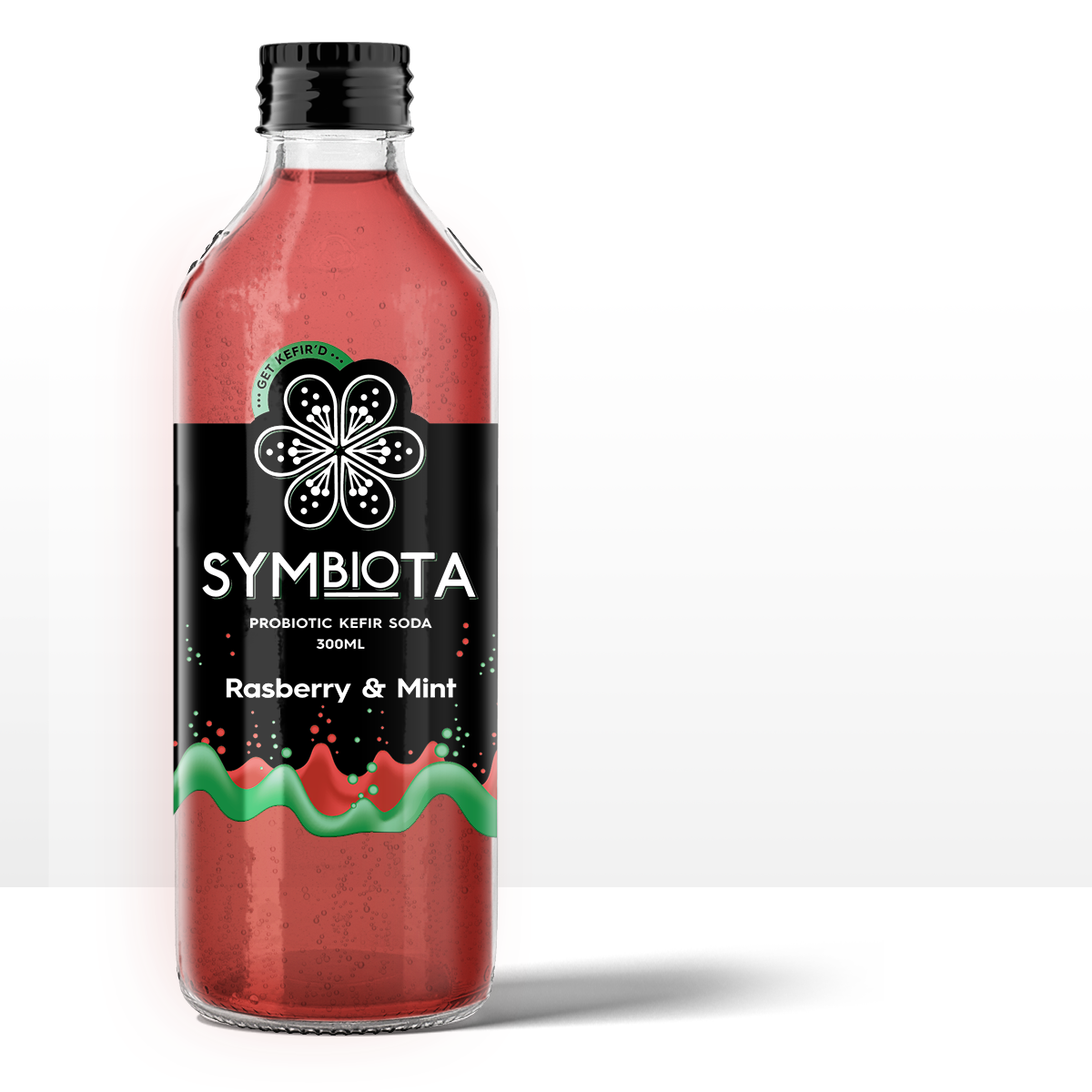 bottle of raspberry mint kefir probiotic soda by symbiota
